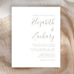 Budget Modern Sage Green Script Wedding Invitation<br><div class="desc">Deze eenvoudige moderne huwelijksuitnodiging bevat sage-groene tekst op een witte achtergrond. Voeg de namen van de bruid en de groom in stijlvolle handschriftelkalligrafie en de details in sans serif doopvont toe. De achterkant is een overeenkomende schaduw van vast groenzaad.</div>