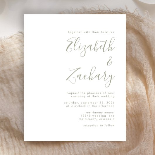 Budget Modern Sage Green Script Wedding Invitation
