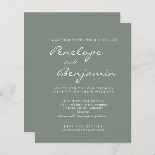 Budget Modern Sage Green Script Wedding Invite (Voorkant / Achterkant)