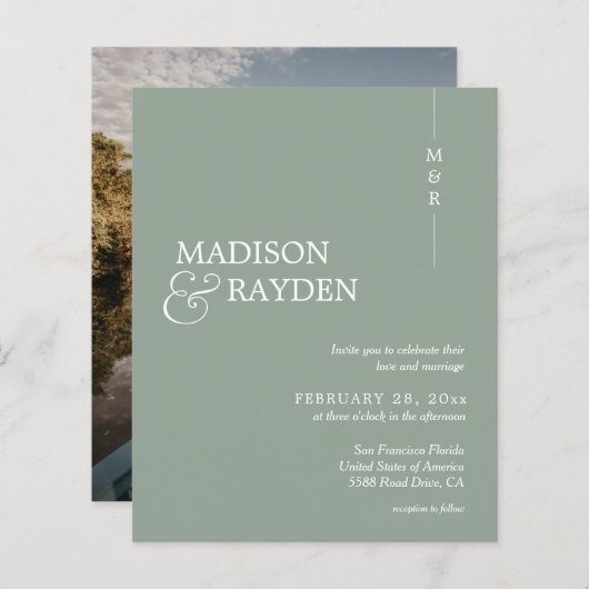 Budget Modern Sage Groen Monogram Foto Bruiloft (Voorkant / Achterkant)