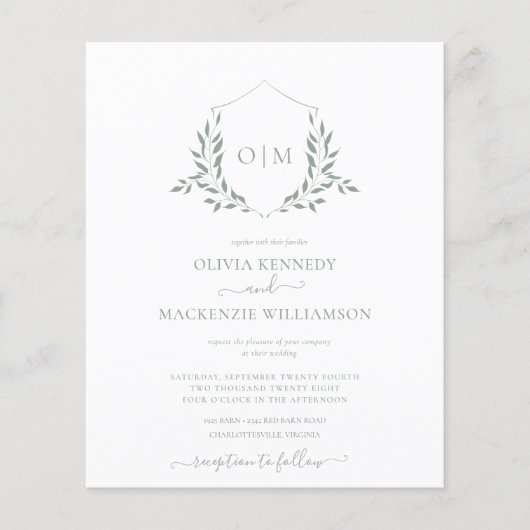 Budget Modern Sage Leafy Crest Monogram Weddenscha Flyer (Voorkant)