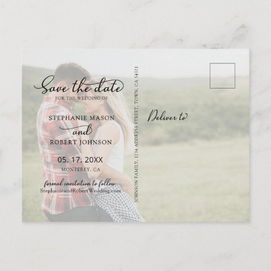 Budget Modern Script 3 Fotocollage De datum opslaa Aankondigingskaart (Achterkant)