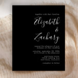Budget Modern Script Black Wedding Invitation<br><div class="desc">Deze eenvoudige moderne trouwuitnodiging bevat witte tekst op een zwarte achtergrond. Voeg de namen van de bruid en de groom in stijlvolle handschriftelkalligrafie en de details in sans serif doopvont toe. De achterkant is stevig zwart.</div>