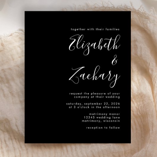 Budget Modern Script Black Wedding Invitation