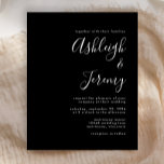 Budget Modern Script Black Wedding Invitation<br><div class="desc">Deze eenvoudige moderne trouwuitnodiging bevat witte tekst op een zwarte achtergrond. Voeg de namen van de bruid en de groom in stijlvolle handschriftelkalligrafie en de details in sans serif doopvont toe. De achterkant is stevig zwart.</div>