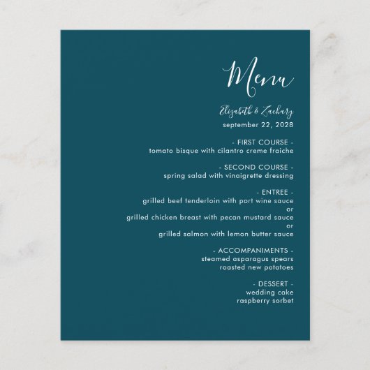Budget Modern Script Blauwgroen Blauw Trouwmenu (Voorkant)