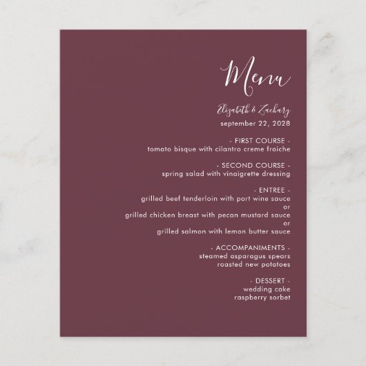 Budget Modern Script Bourgogne Wedding Menu (Voorkant)