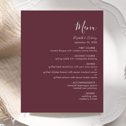 Budget Modern Script Bourgogne Wedding Menu