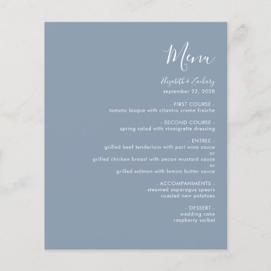 Budget Modern Script Dusty Blue Wedding Menu (Voorkant)