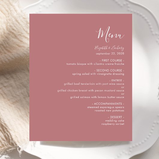 Budget Modern Script Dusty Roos Wedding Menu