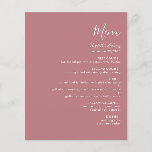 Budget Modern Script Dusty Roos Wedding Menu (Voorkant)