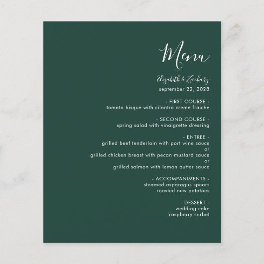 Budget Modern Script Emerald Green Wedding Menu (Voorkant)
