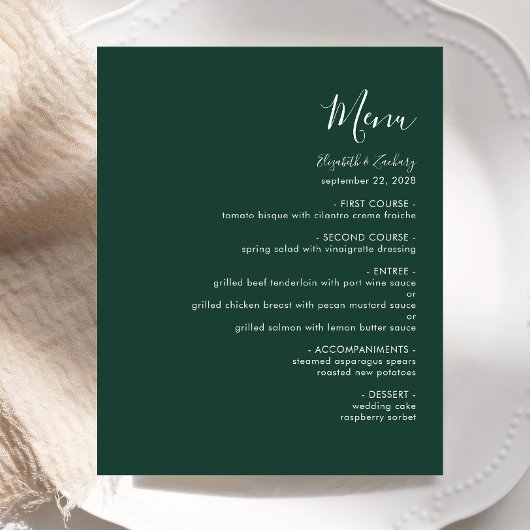 Budget Modern Script Emerald Green Wedding Menu