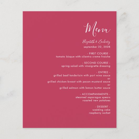Budget Modern Script Magenta Wedding Menu (Voorkant)