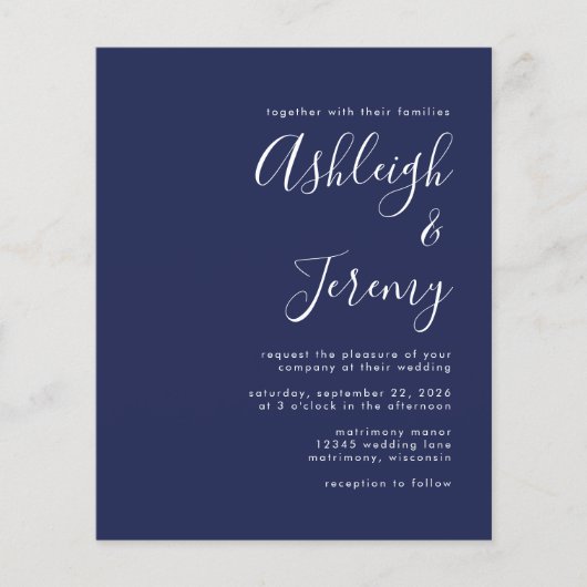 Budget Modern Script Navy Blue Wedding Invite (Voorkant)