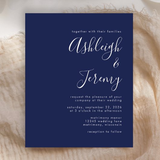 Budget Modern Script Navy Blue Wedding Invite