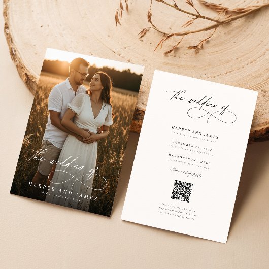 Budget Modern Script QR Code Photo Wedding Invites Kaart