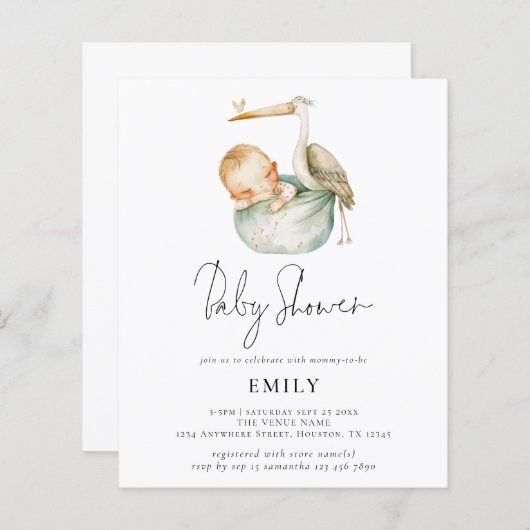 Budget Modern Script Schattige Ooievaar en Baby sh (Voorkant / Achterkant)