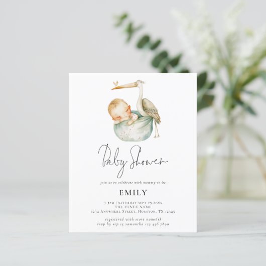 Budget Modern Script Schattige Ooievaar en Baby sh (Staand voorkant)