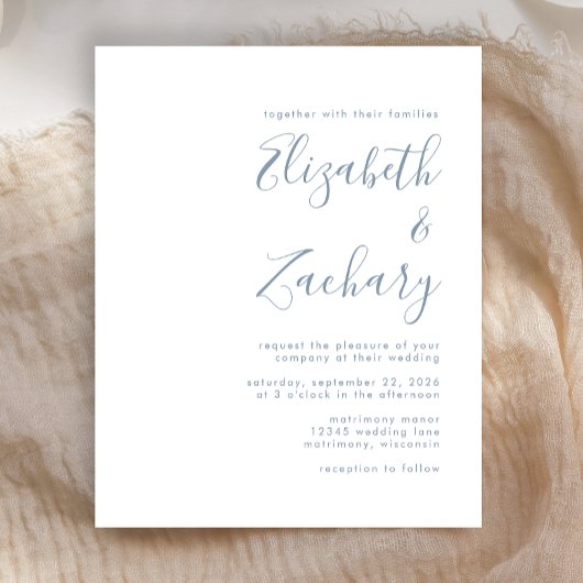 Budget Modern Stusty Blue Script Wedding Invitatio