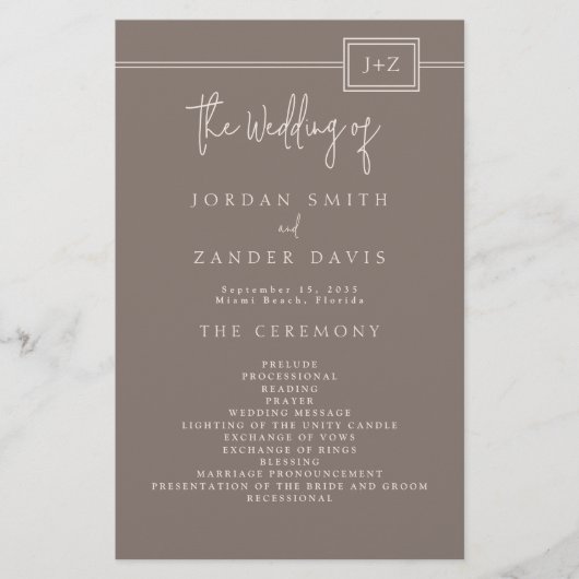 Budget Modern Taupe Monogram Trouwprogramma Flyer (Voorkant)
