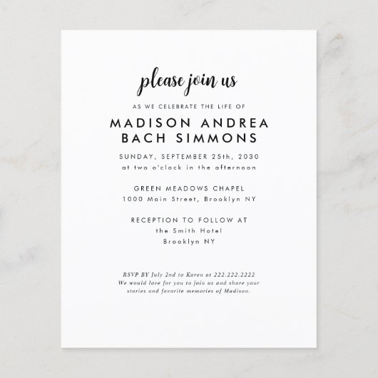 Budget Modern Viering van het Leven Foto Begrafeni Flyer (Achterkant)