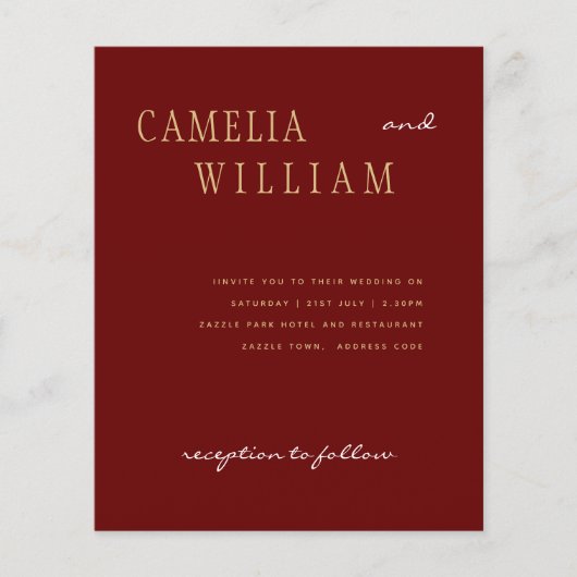 BUDGET Modern Wedding Burgundy Gold INVITE Flyer (Voorkant)