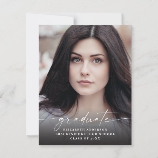 Budget Modern White Script Photo Afstuderen Aankondiging (Voorkant)