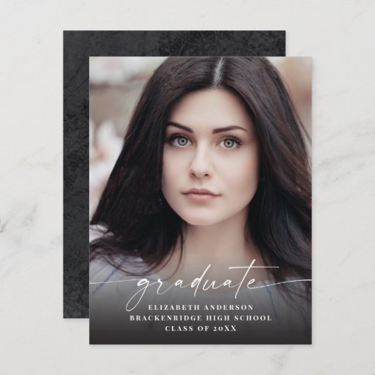 Budget Modern White Script Photo Afstuderen Aankondiging (Voorkant / Achterkant)