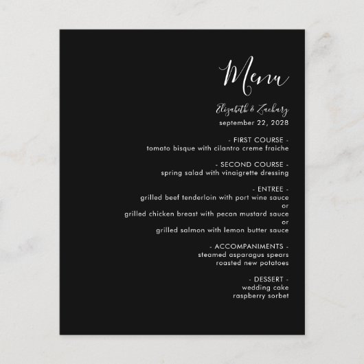 Budget Modern Wit Schrift Zwart Trouwmenu (Voorkant)