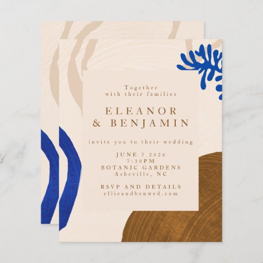 Budget Moderne Abstracte beige Blue Wedding Invite (Voorkant / Achterkant)