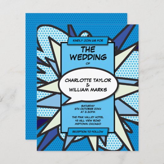 Budget Moderne Blue Comic Book Wedding Invitation (Voorkant / Achterkant)