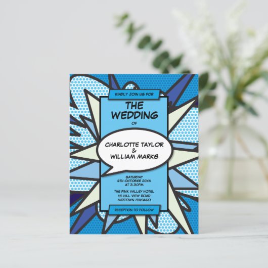 Budget Moderne Blue Comic Book Wedding Invitation (Staand voorkant)