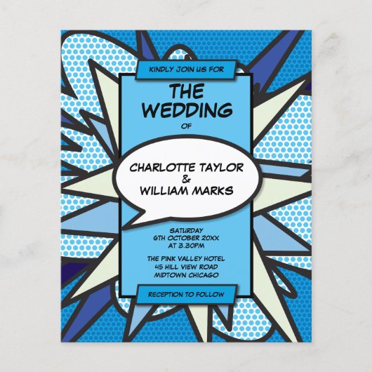 Budget Moderne Blue Comic Book Wedding Invitation (Voorkant)