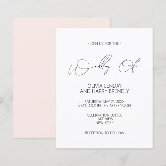 Budget Moderne Blush Pink White Wedding Invitation (Voorkant / Achterkant)