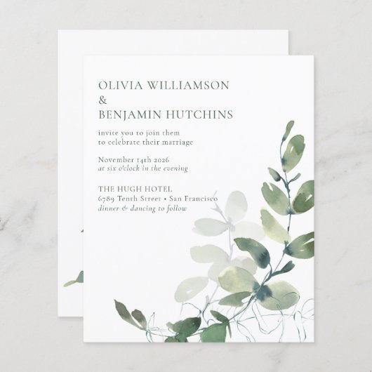 Budget Moderne Botanische Eucalyptus Wedding RSVP (Voorkant / Achterkant)