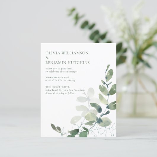 Budget Moderne Botanische Eucalyptus Wedding RSVP (Staand voorkant)