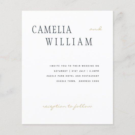 BUDGET Moderne bruiloft Midnight Blue Gold Text Flyer (Voorkant)