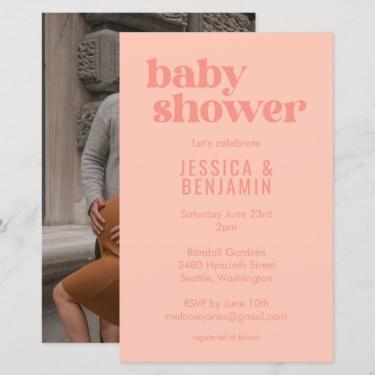 Budget Moderne Cute Perzik Baby Shower Foto Uitnod (Voorkant / Achterkant)