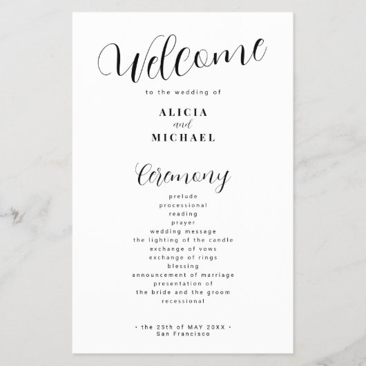 Budget moderne eenvoudige zwart wit bruiloft progr flyer (Voorkant)