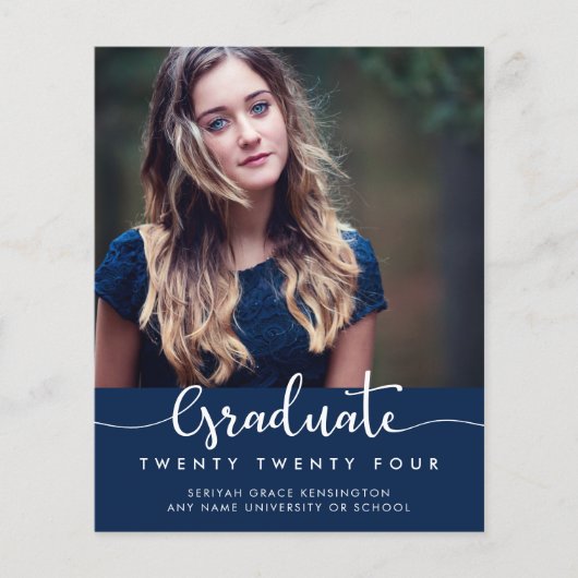 BUDGET Moderne Elegant Script Blue Afstuderen Foto (Voorkant)