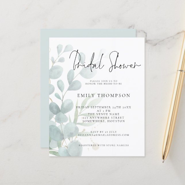 Budget Moderne Eucalyptus Bridal Shower (Voorkant / Achterkant in situ)