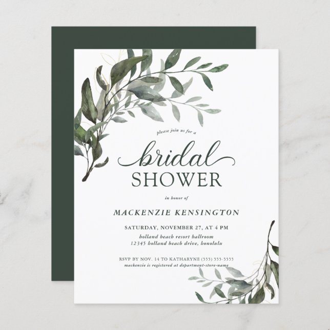BUDGET Moderne Eucalyptus Bridal Shower Uitnodigin (Voorkant / Achterkant)