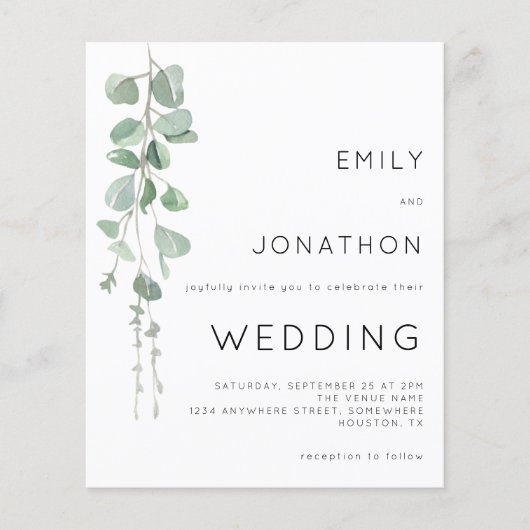 Budget Moderne Eucalyptus Fotobruiloft Uitnodiging (Voorkant)