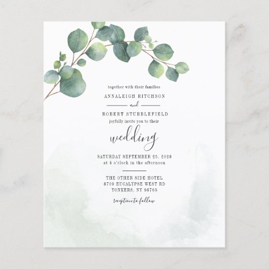 Budget Moderne Eucalyptus Groenery Script Bruiloft (Voorkant)