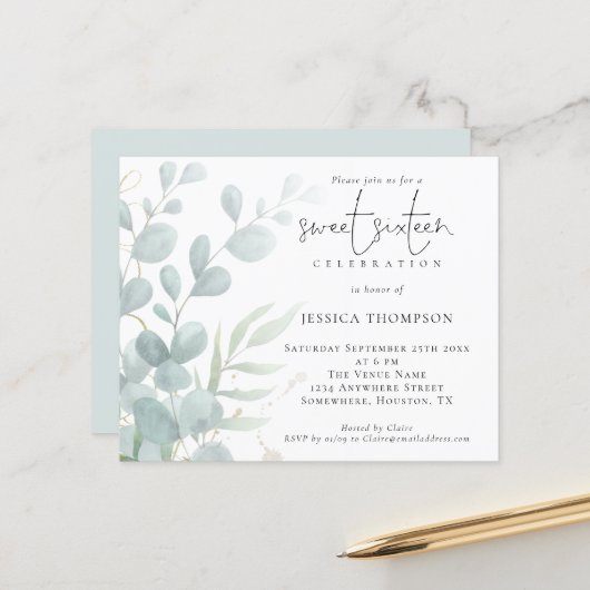 Budget Moderne Eucalyptus Sweet Sixteen Uitnodigin (Voorkant / Achterkant in situ)
