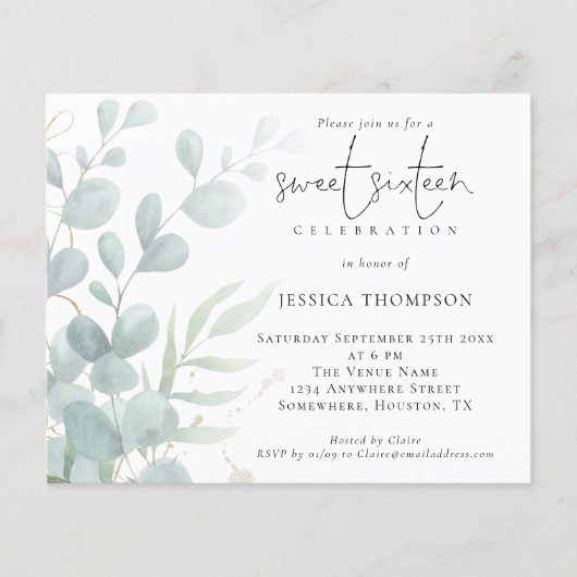 Budget Moderne Eucalyptus Sweet Sixteen Uitnodigin (Voorkant)