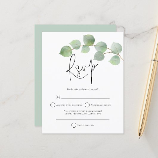 Budget Moderne Eucalyptus Wedding RSVP (Voorkant / Achterkant in situ)