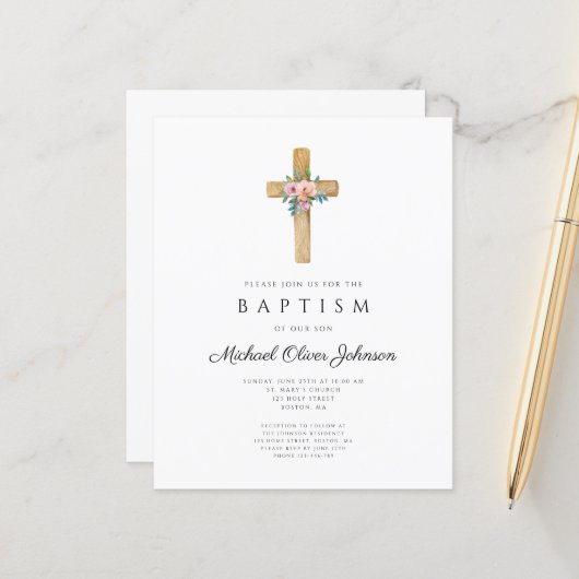 Budget Moderne Floral Cross Baptisme Invite (Voorkant / Achterkant in situ)