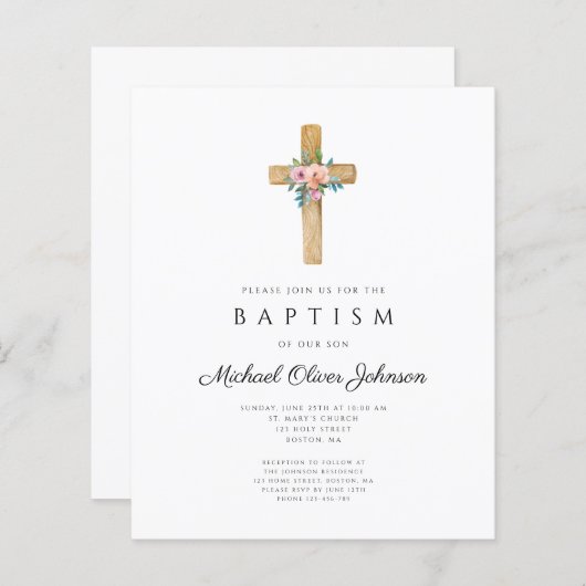 Budget Moderne Floral Cross Baptisme Invite (Voorkant / Achterkant)